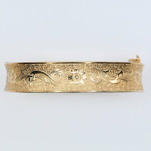 Vintage B&O Chain Co 12K GF Floral Victorian Revival Hinge Bangle Bracelet 1940s